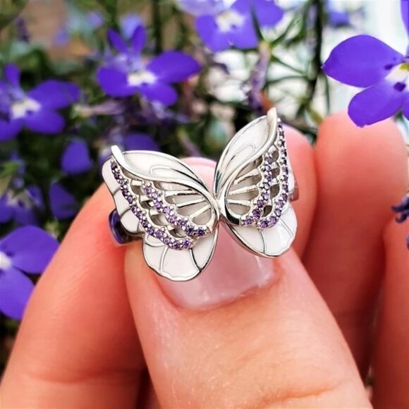 🎁Sweet White Butterfly Anillos Silver Plated Ring for Women/Girl, UNVN12339 - Picture 4 of 15